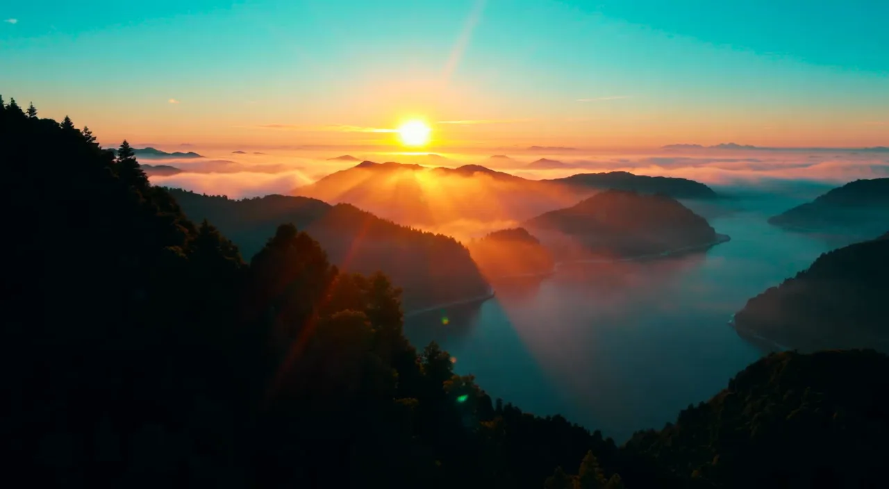 A misty mountain establishing shot with a slow forward push and warm sunrise light.