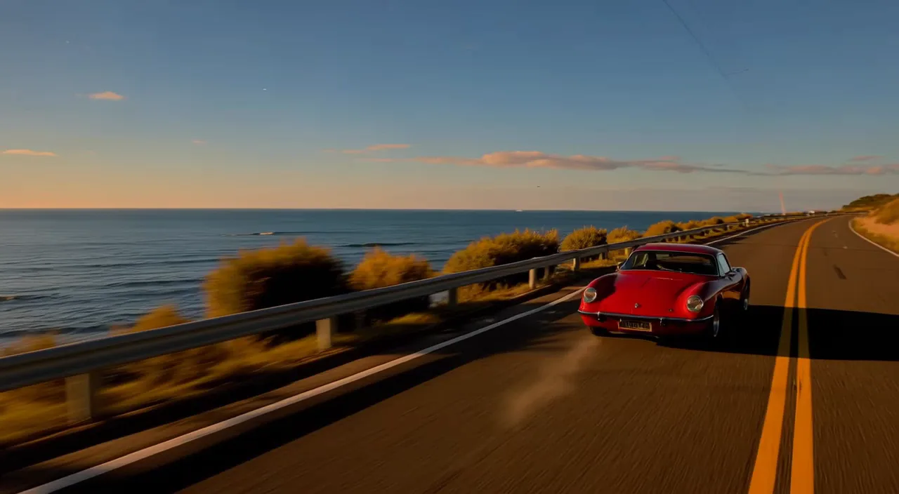 A warm sunset vehicle shot with tracking motion and commercial pacing.