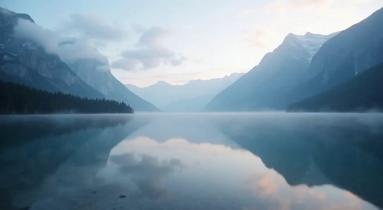 A still mountain lake gains mist, ripples, birds, and slow parallax.