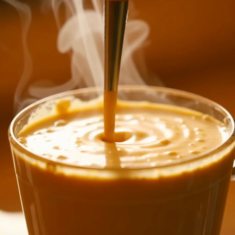 A square food and beverage detail shot with soft cafe light and gentle steam.