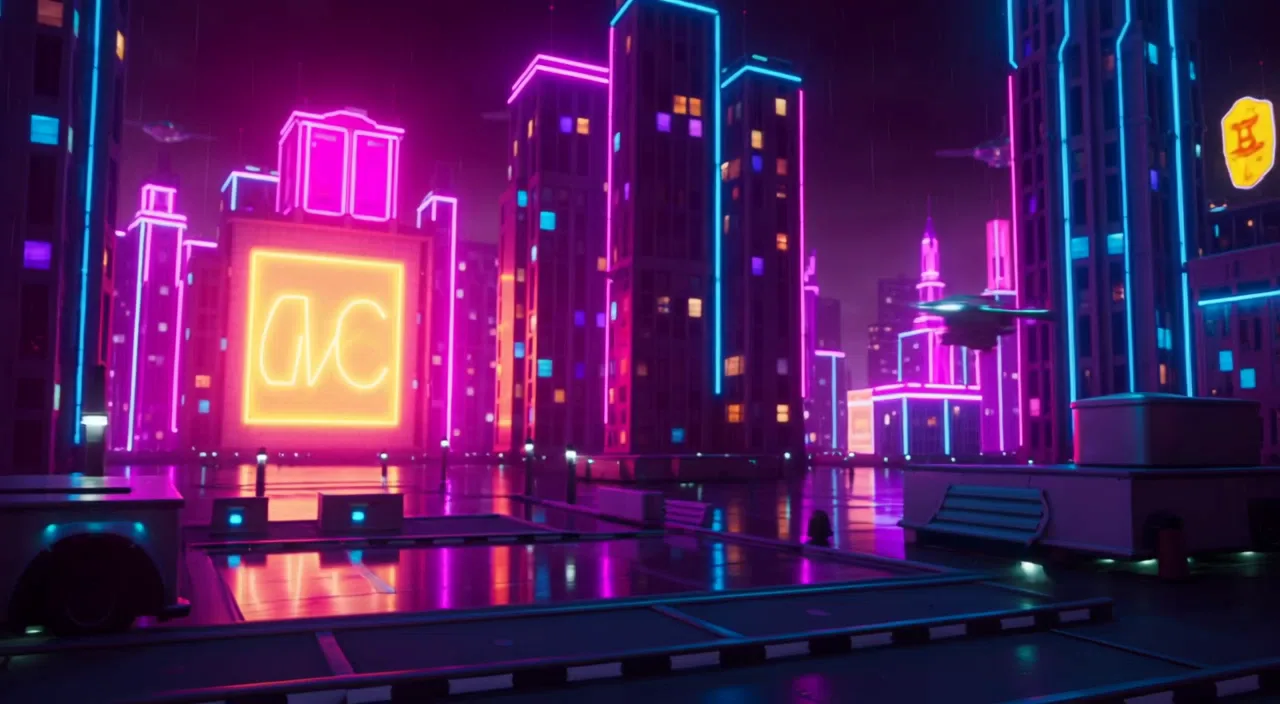 A widescreen night city draft with reflective streets, rain, and neon motion.