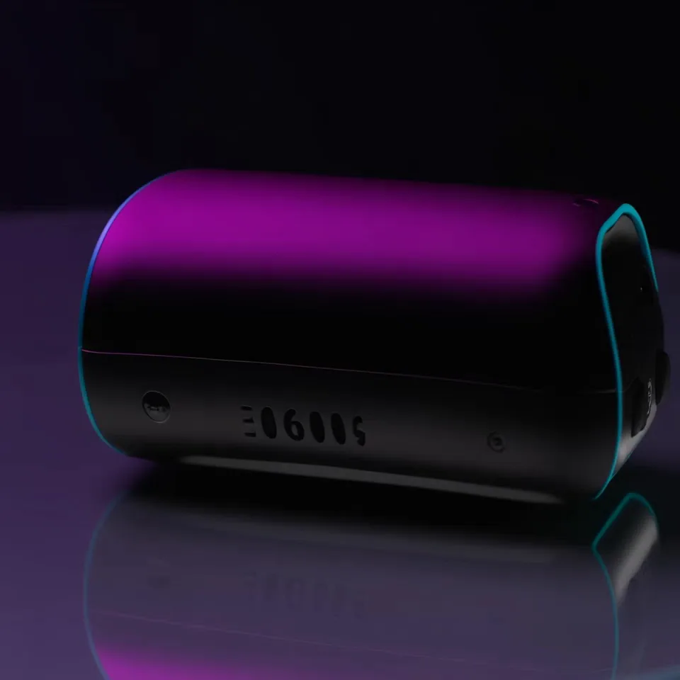 A square premium product clip with purple key light and clean reflective surfaces.