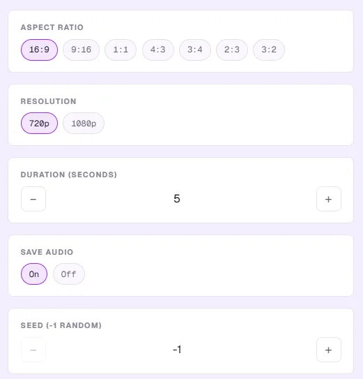 Generation settings panel